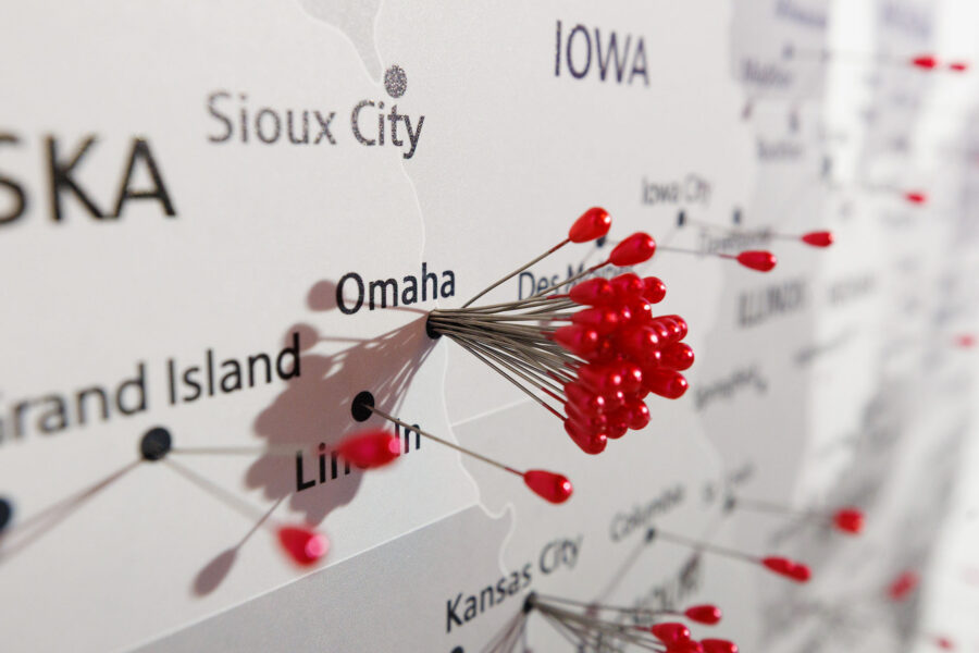A photo of the Match Day 2026 map at UNMC's annual Match Day event, where med students placed pins (shown here) on the map where their residencies will be located.