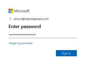 Screenshot of Microsoft login page prompting user to enter password for email dolson@nebraskamed.com. Features password input field with obscured characters, "Forgot my password" link, and blue "Sign in" button.