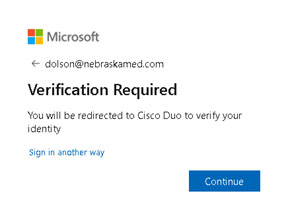 Screenshot of a Microsoft verification prompt requesting user identity confirmation via Cisco Duo. It includes an email address, a "Verification Required" message, a link to "Sign in another way," and a blue "Continue" button.