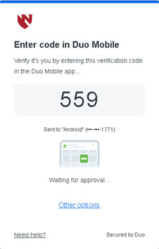 Screenshot of a two-factor authentication prompt for Duo Mobile requesting a verification code entry. It displays a code "559" sent to an Android device ending in 1771, with a message indicating waiting for approval and options for other methods or help.
