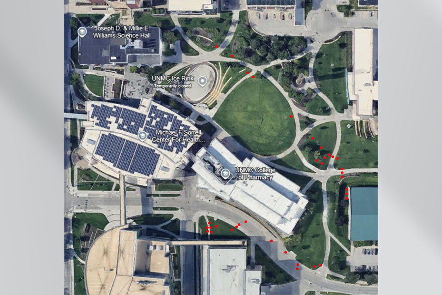 An aerial map of the east side of the UNMC Omaha campus showing where potholes will be dug