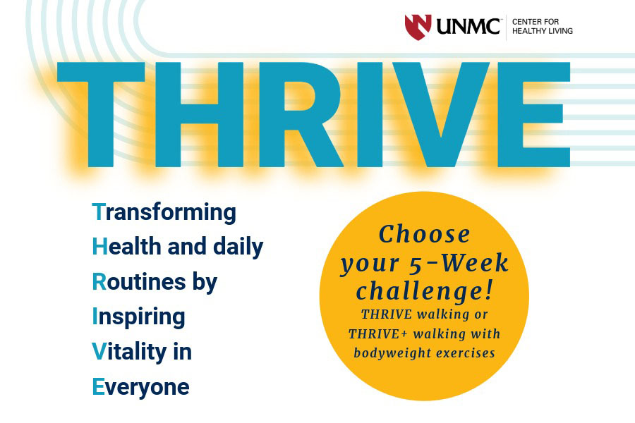 Graphic poster promoting a 5-week THRIVE challenge by UNMC Center for Healthy Living, focusing on transforming health and daily routines through inspiring vitality. Features bold blue