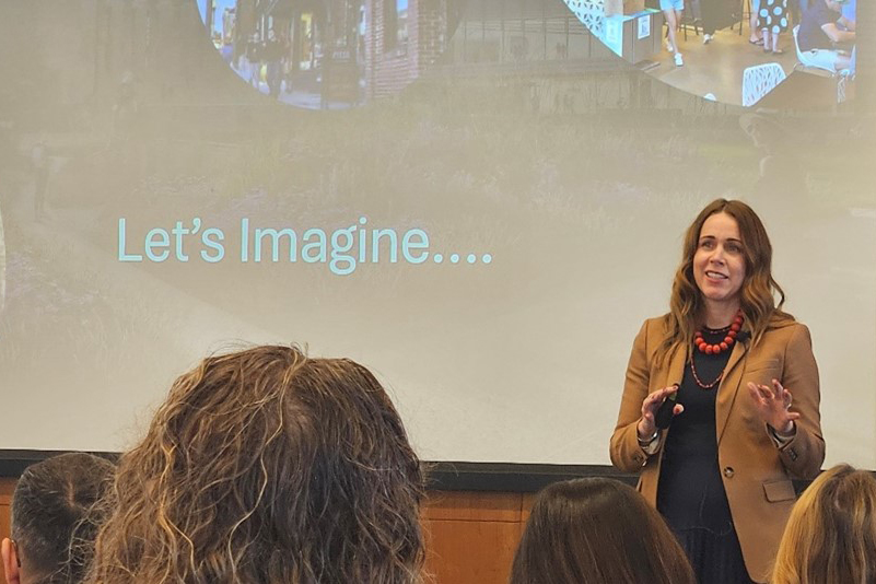 Jennifer Burt&comma; PhD&comma; associate professor with the UNMC Munroe-Meyer Institute&comma; invites UNMC leaders to imagine possibilities during her presentation for iLEAD's Innovation Incubator project&period;
