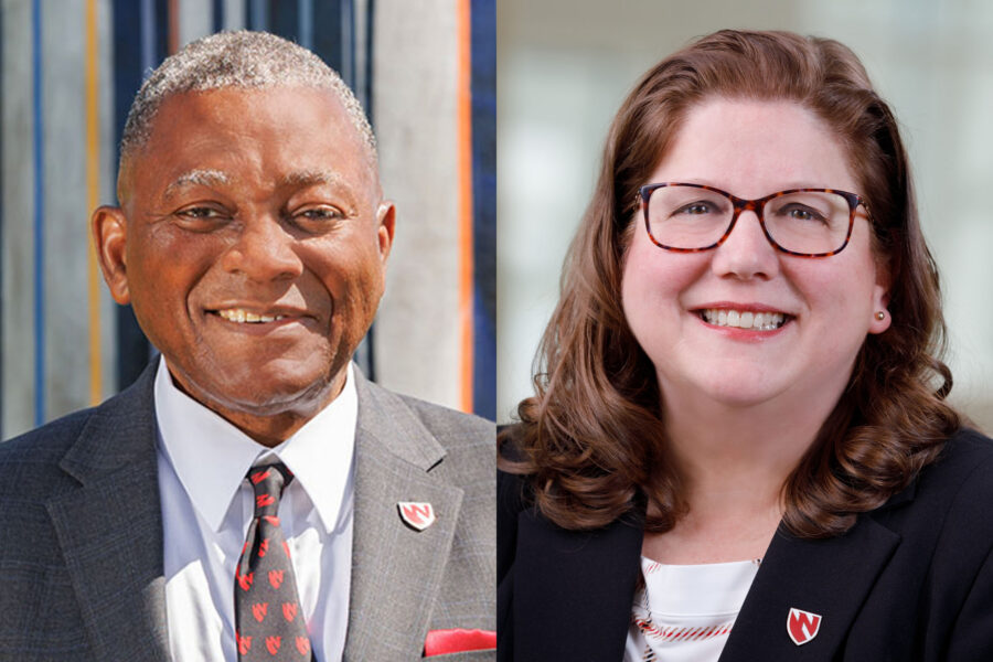 Interim Chancellor H&period; Dele Davies&comma; MD&comma; and Susan Kraft Mann&comma; associate vice chancellor for business and finance&nbsp;and director of budget and fiscal affairs