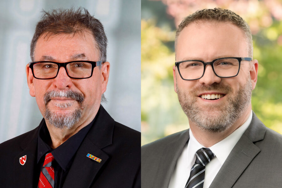 Karoly Mirnics&comma; MD&comma; PhD&comma; dean and director of the Munroe-Meyer Institute&semi; Eric Peeples&comma; MD&comma; PhD&comma; assistant professor in the UNMC Division of Neonatology