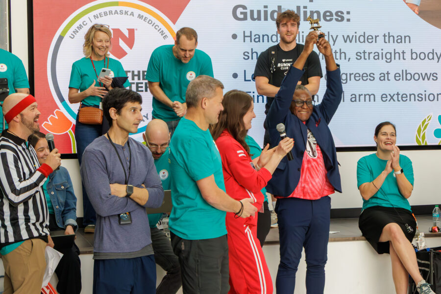 UNMC Interim Chancellor H&period; Dele Davies&comma; MD&comma; who hosted Wednesday's Push-Up Challenge&comma; expressed his gratitude to the donors who made For the Greater Good a success&period;