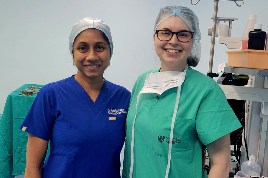 At right&comma; Rachael Newton&comma; MD&comma; a general surgery resident at UNMC&comma; with Dr&period; Nisha Hariharan&comma; a consultant and breast oncoplastic surgeon with Basavatarakam Indo-American Cancer Hospital in Hyderabad&period;