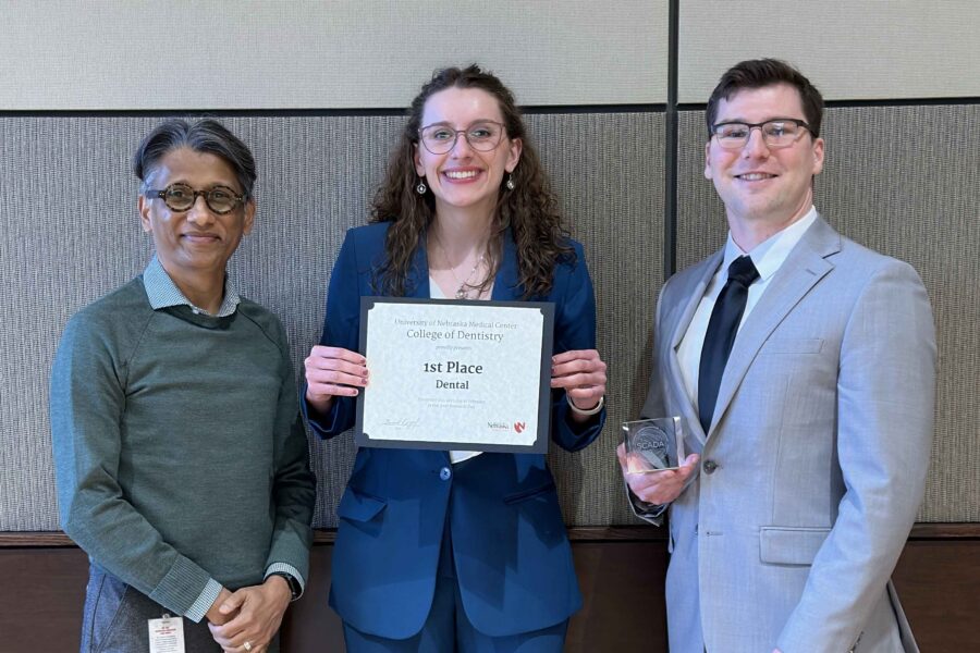 From left&comma; mentor Ali Nawshad&comma; PhD&comma; with longtime research partners Mikah Hoppens and Tanner Delaney&period;