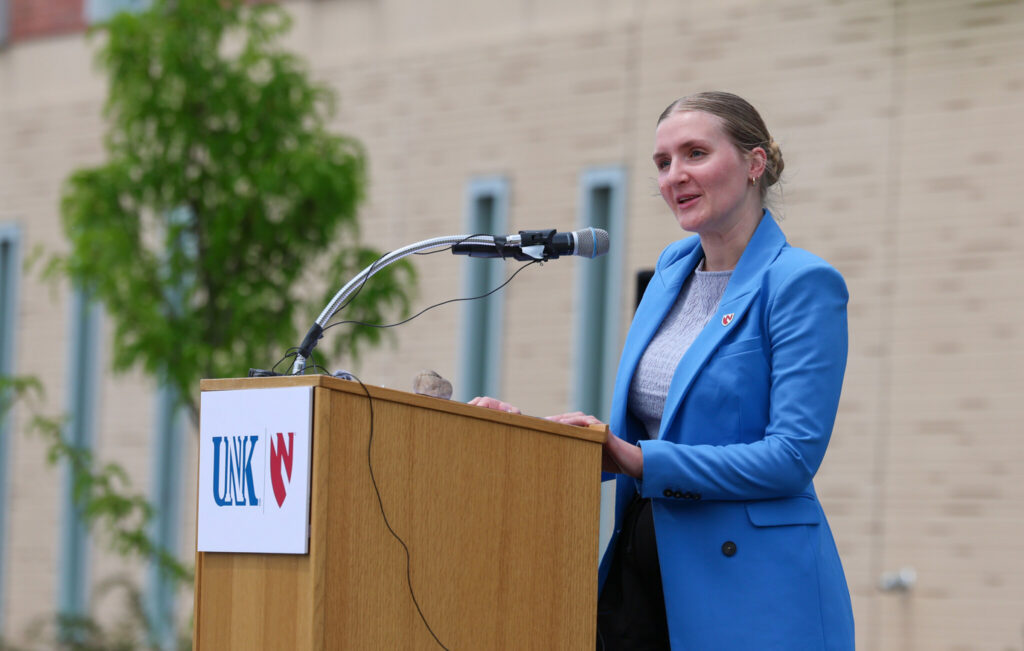 UNMC Student Regent Allie Daro speaks during a dedication ceremony at the Douglas A. Kristensen Rural Health Education Complex in Kearney.