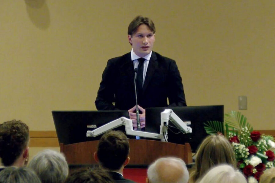 UNMC student Blake Kidder&comma; who is in the Masters of Medical Anatomy Program&comma; speaks at the 2026 Anatomical Gift Memorial Service&period;