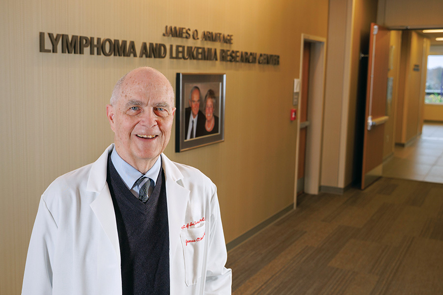 Portraits of James Armitage&comma; MD&comma; near the James O&period; Armitage Center for Leukemia and Lymphoma Research&comma; on the fourth floor of the Fred and Pamela Buffett Cancer Center