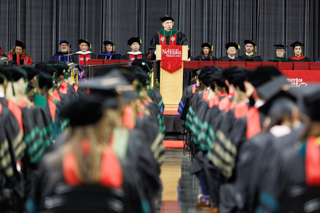 NU President Jeffrey P. Gold, MD, speaks at UNMC's Omaha commencement ceremony.