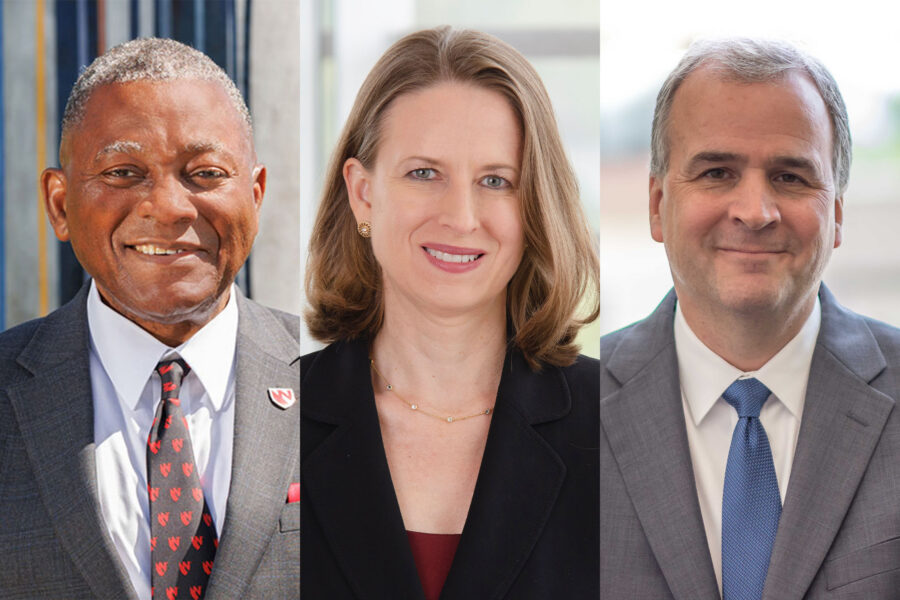 UNMC Interim Chancellor H&period; Dele Davies&comma; MD&comma; Angela Hewlett&comma; MD&comma; medical director of the Nebraska Biocontainment Unit&comma; and Michael Wadman&comma; MD&comma; medical director of the National Quarantine Unit&period;
