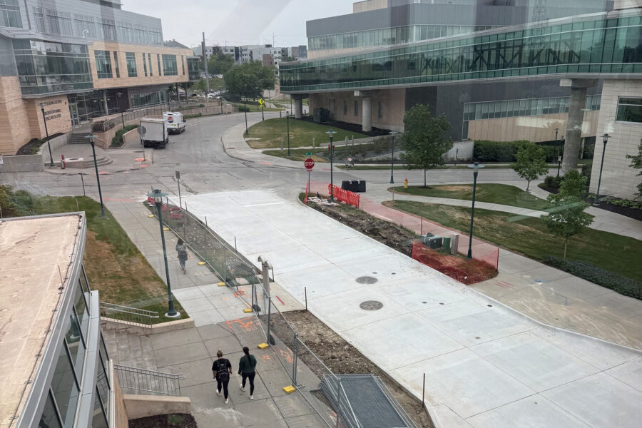 A newly rebuilt section of Emile Street on the UNMC Omaha campus between 41st and 42nd streets