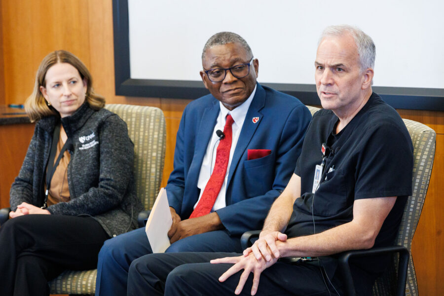 From left are Angela Hewlett&comma; MD&comma; medical director of the Nebraska Biocontainment Unit&comma; UNMC Interim Chancellor H&period; Dele Davies&comma; MD&comma; and Michael Wadman&comma; MD&comma; medical director of the National Quarantine Unit&period;