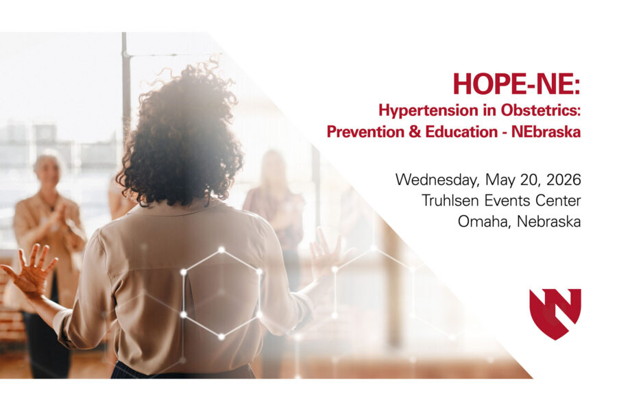 Image of a speaker addressing an audience with a translucent overlay of a hexagonal network pattern. Text on right announces HOPE-NE event focused on hypertension in obstetrics prevention and education, scheduled for May 20, 2026, at Truhlsen Events Center in Omaha, Nebraska, with UNMC logo.