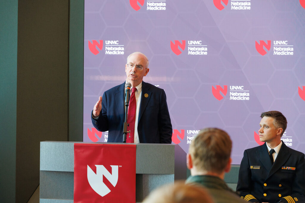 NU President Jeffrey P. Gold, MD, speaks at a press conference held Monday May 11, 2026, at the Davis Global Center to give an update on the 16 passengers from the Hondius cruise ship who were moved to the quarantine and biocontainment units at UNMC.