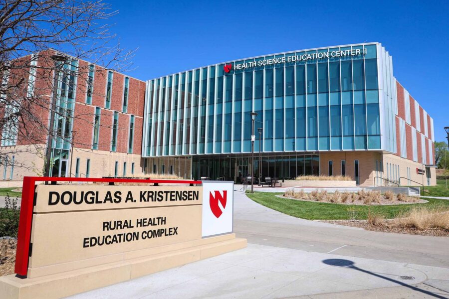 An exterior photo of the Health Science Education Center II building at the Douglas A. Kristensen Rural Health Education Complex on the UNMC Kearney campus.