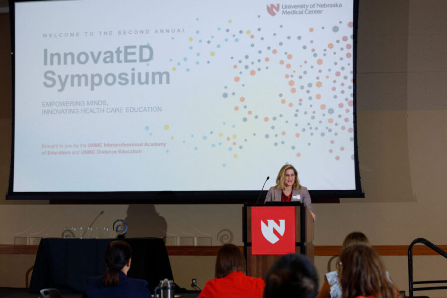 Jane Meza&comma; PhD&comma; gives opening remarks at the second annual InnovatED Symposium&period;