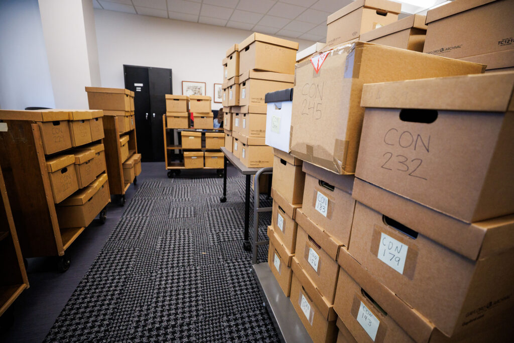 Items from the College of Nursing and alumni museum were moved to the McGoogan Library Friday Sept. 26, 2025. The archives were being donated to the library for preservation. Here are boxes of nursing archives.