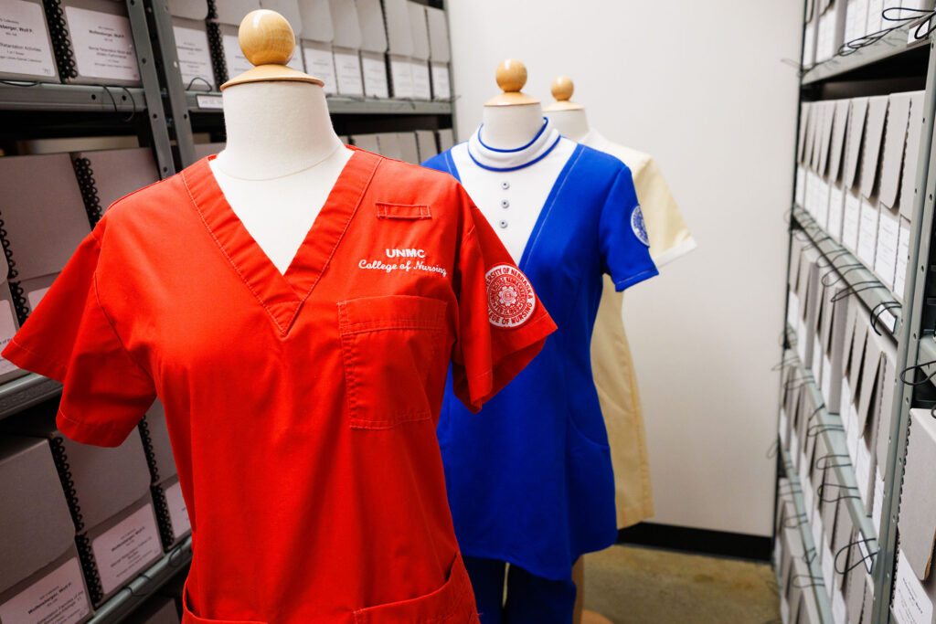 Items from the College of Nursing and alumni museum were moved to the McGoogan Library Friday Sept. 26, 2025. The archives were being donated to the library for preservation. Here are nursing uniforms.