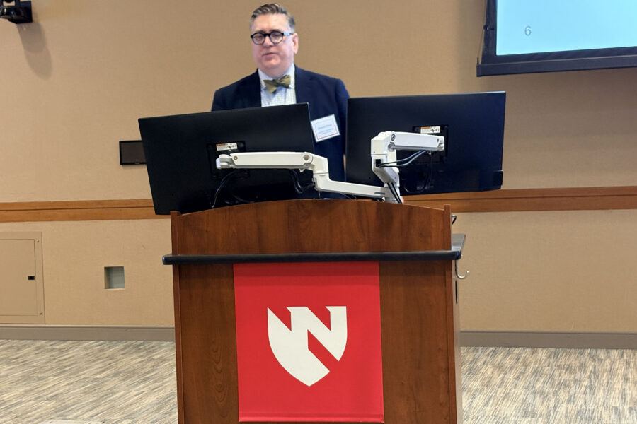 Edward Peters&comma; DMD&comma; ScD&comma; professor and chair of the UNMC Department of Epidemiology and co-lead of the Cancer Prevention and Control Program in the Fred & Pamela Buffett Cancer Center&comma; speaks at the Midwest Data Partner&rsquo;s Workshop hosted by the NCI-designated Fred & Pamela Buffett Cancer Center&period;