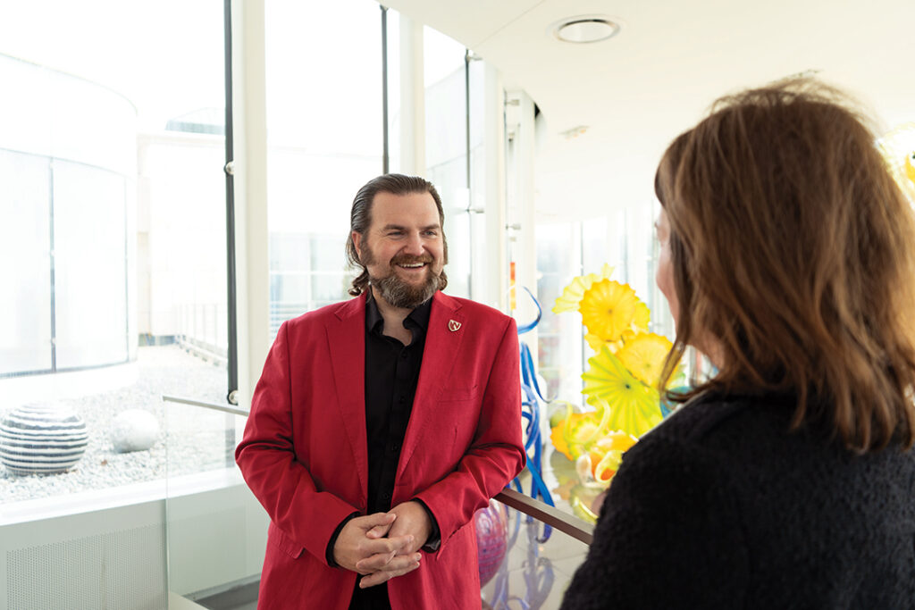 Beth Smith talks with Matthew Lunning, DO, medical director of the Gene and Cellular Therapy Program at UNMC.