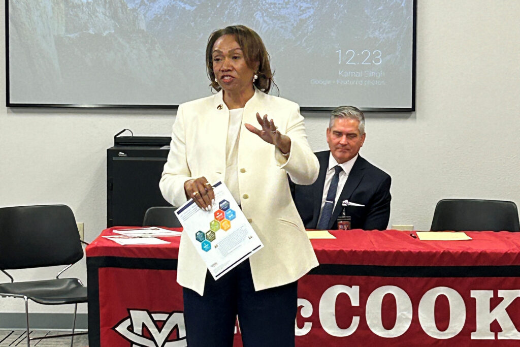 UNMC College of Nursing Dean Lepaine Sharp-McHenry, DNP, speaks at the McCook MOU signing.