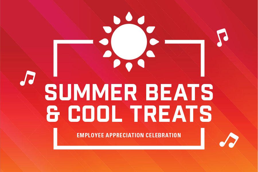 Promotional graphic for UNMC Human Resources' Summer Beats & Cool Treats Employee Appreciation Celebration, with those words set around warm colors with musical notes and an image of a sun.