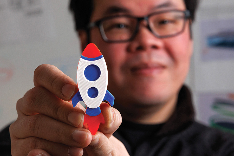 Thanh Nguyễn, PhD, is a member of the Department of Emergency Medicine and is a prolific inventor. A couple of his inventions are now on the market and others are being shared open source. Portraits in his office with his concept wall and with a few of his inventions including the Rapid Smear and Project FreeAir.