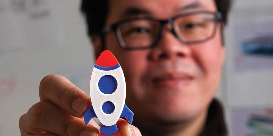 Thanh Nguyễn, PhD, is a member of the Department of Emergency Medicine and is a prolific inventor. A couple of his inventions are now on the market and others are being shared open source. Portraits in his office with his concept wall and with a few of his inventions including the Rapid Smear and Project FreeAir.
