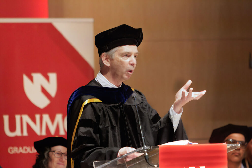 The UNMC Graduate Studies honors convocation and hooding took place Thursday May 7, 2026, at the Omaha Conservatory of Music. Keynote speaker Wallace Thoreson, PhD, the Gilmore Professor and vice chair of the UNMC Department of Opthalmology and Visual Sciences, is speaking.