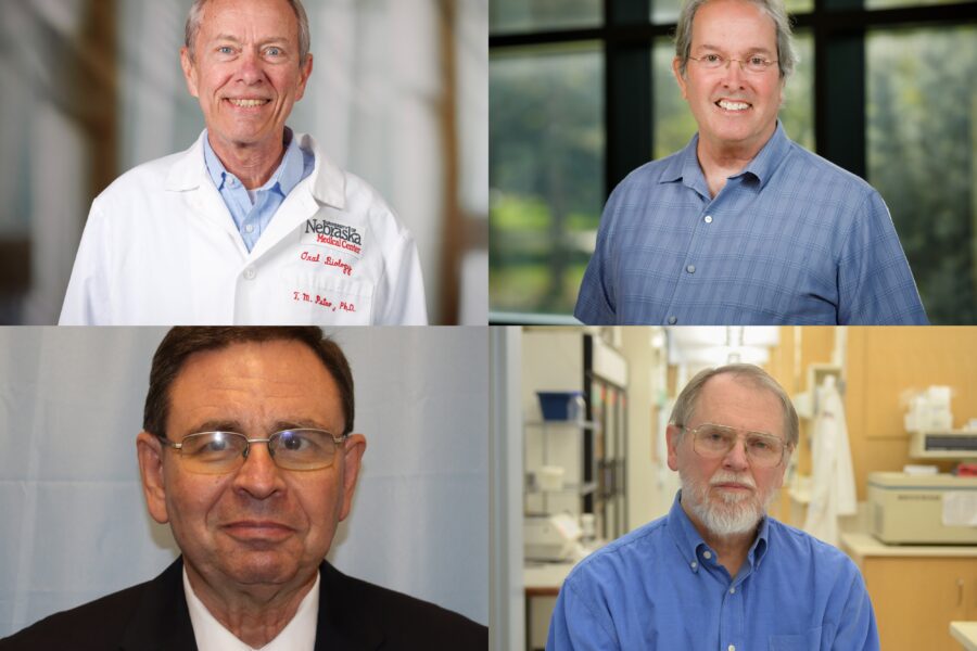 Four retiring faculty from the UNMC College of Dentistry&colon; clockwise from top left&comma; Tom Petro&comma; PhD&comma; Greg Oakley&comma; PhD&comma; Keith Johnson&comma; PhD&comma; and Larry Crouch&comma; PhD&period;