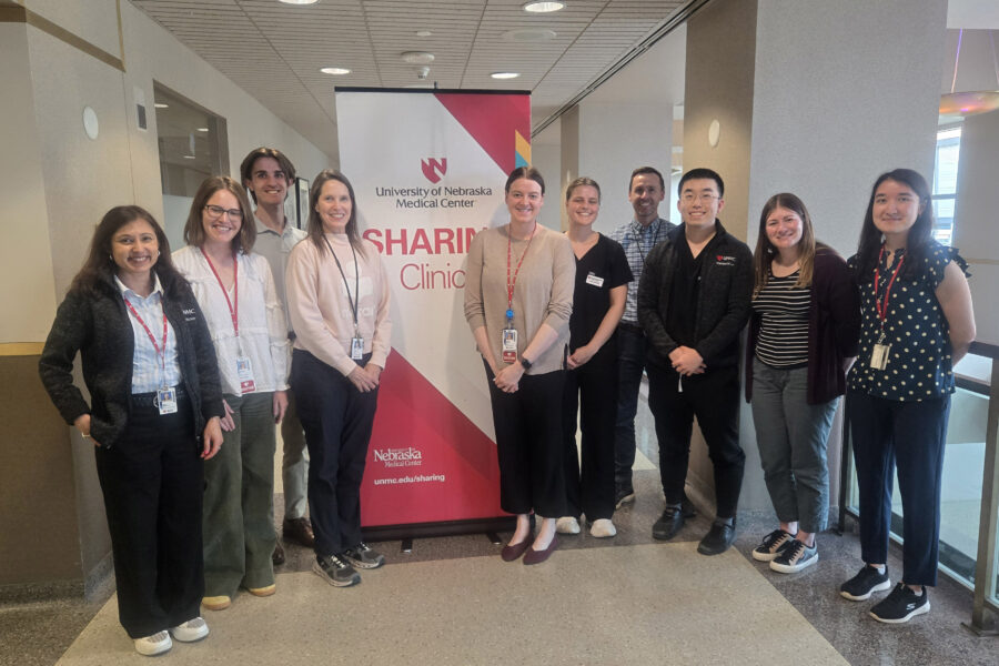 The UNMC Division of Rheumatology and Immunology began offering services at the SHARING Clinic on April 14&period; The team working that night are pictured from left to right&colon; Tina Mahajan&comma; MD&semi; Megan Mattison&comma; MD&semi; Stephen Steggs&semi; Amy Cannella&comma; MD&semi; Rachel Jenkins&comma; MD&semi; Erica Lock&semi; Bryant England&comma; MD&comma; PhD&semi; Wenxian Zhou&semi; Hannah Johnson&semi; and Nozima Aripova&period;