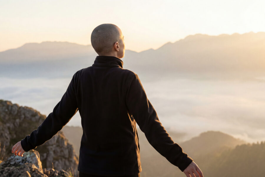 person taking in mountain scenery
