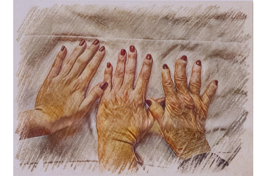 A sketch of three hands, each with red nail polish.