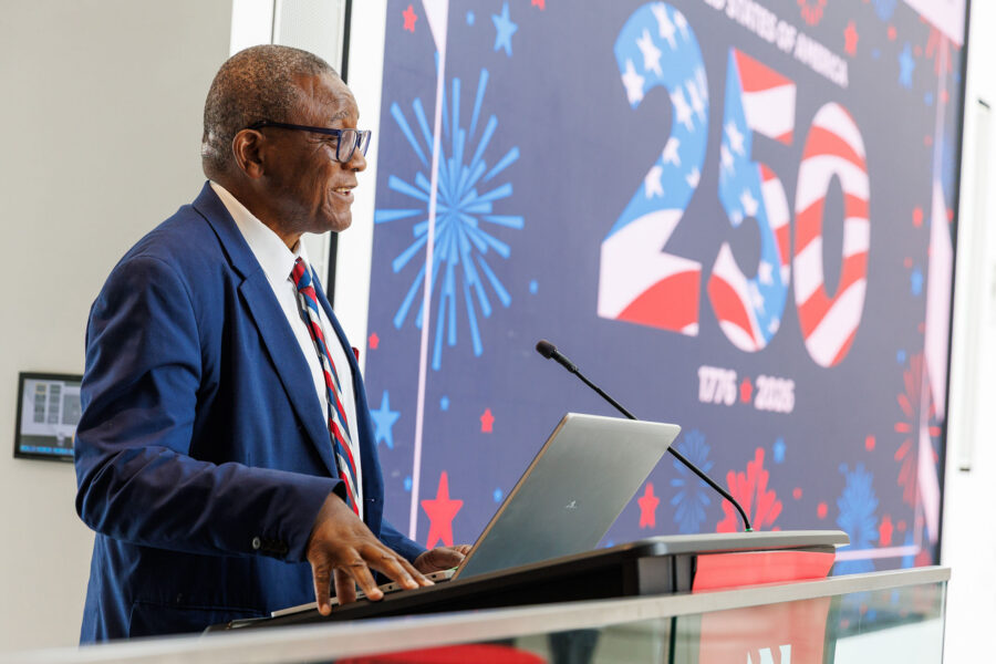 Interim Chancellor H&period; Dele Davies&comma; MD&comma; gives remarks at UNMC's event to celebrate America's 250 years of independence&period;