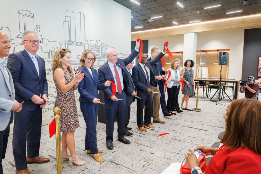 A ribbon cutting event was held Friday July 17, 2026, for the new student housing building on the University of Nebraska Medical Center campus. Here, university and community leaders cut the ribbon.