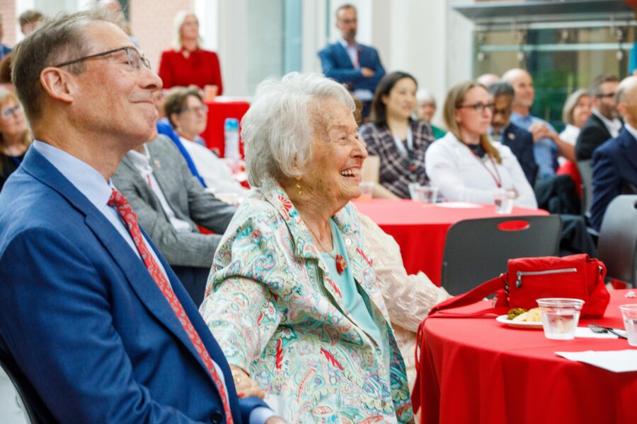 Kyle Meyer&comma; PhD&comma; and longtime UNMC and college of allied health professions supporter Ruth Scott at the retirement event
