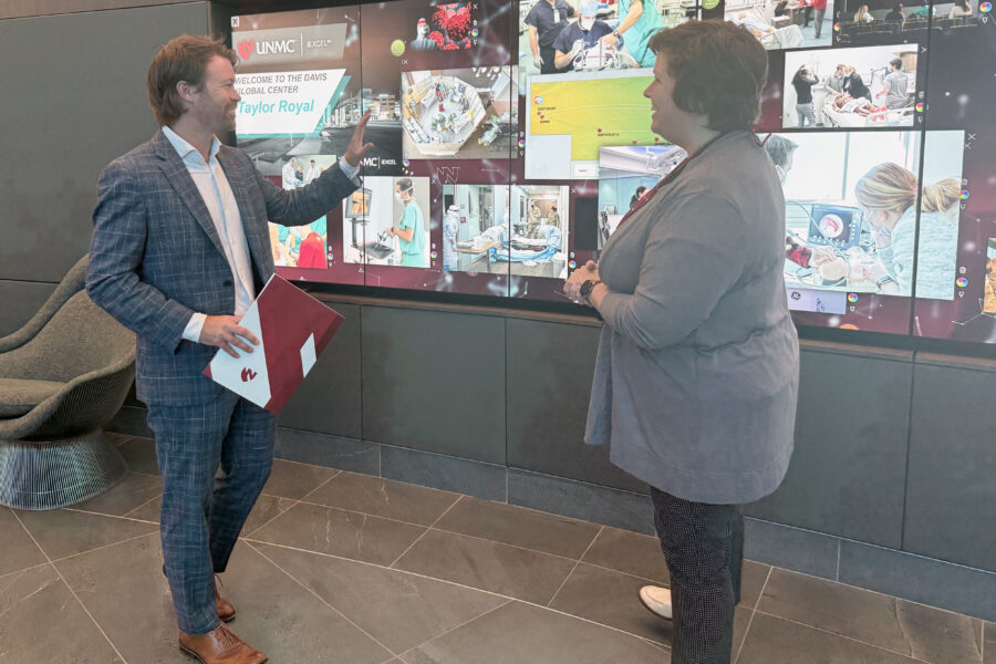Taylor Royal&comma; left&comma; talks with Jaime Boyko of iEXCEL during his tour&period;