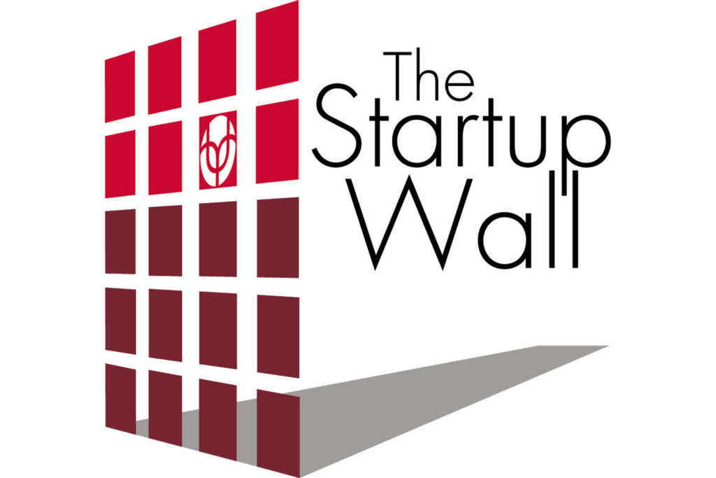An image of red and maroon boxes in the shape of a wall, with the UNeMed logo and the words The Startup Wall