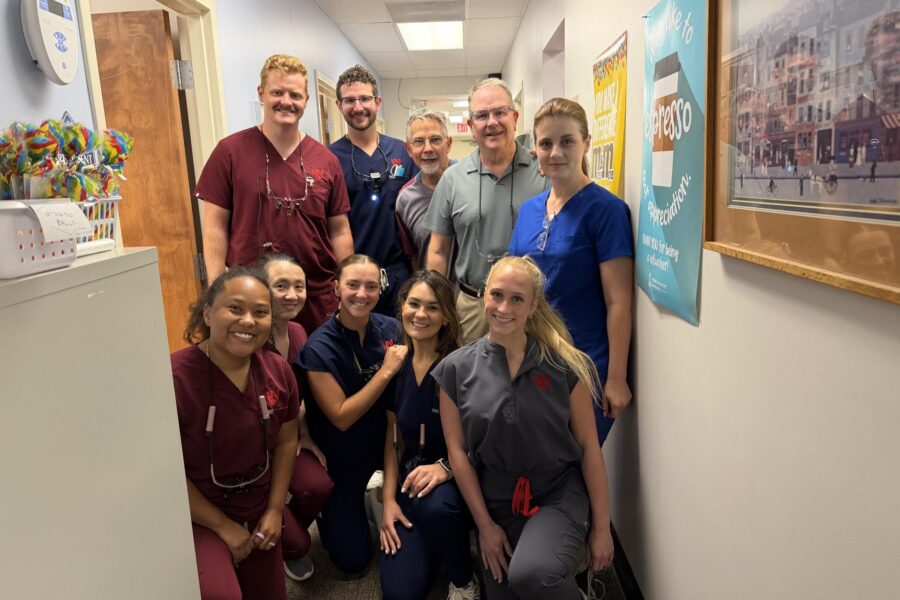 The volunteer turnout for the event included&colon; Top row&comma; from left - UNMC College of Dentistry students Kahner Christopherson and Luke Jacobs&comma; clinical faculty members Jon Asbjornson&comma; DDS&comma; and Tim Jacobs&comma; DDS&comma; and dental assistant Erika Bosovyk&period; Bottom row&comma; from left - UNMC College of Dentistry students Grace Boski&comma; Xiaoqin Jia&comma; Jillian Lowe&comma; Cintia Jacobsen Robinson and Lanyon Mlinek&period;