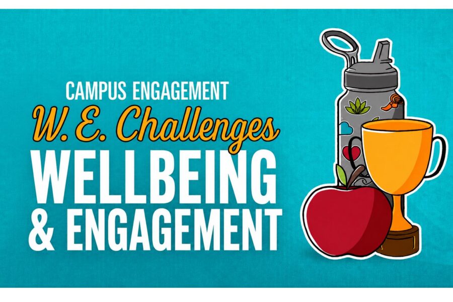 The Wellbeing and Engagement Challenge graphic features an illustration of an apple, a golden chalice and a gray water bottle.