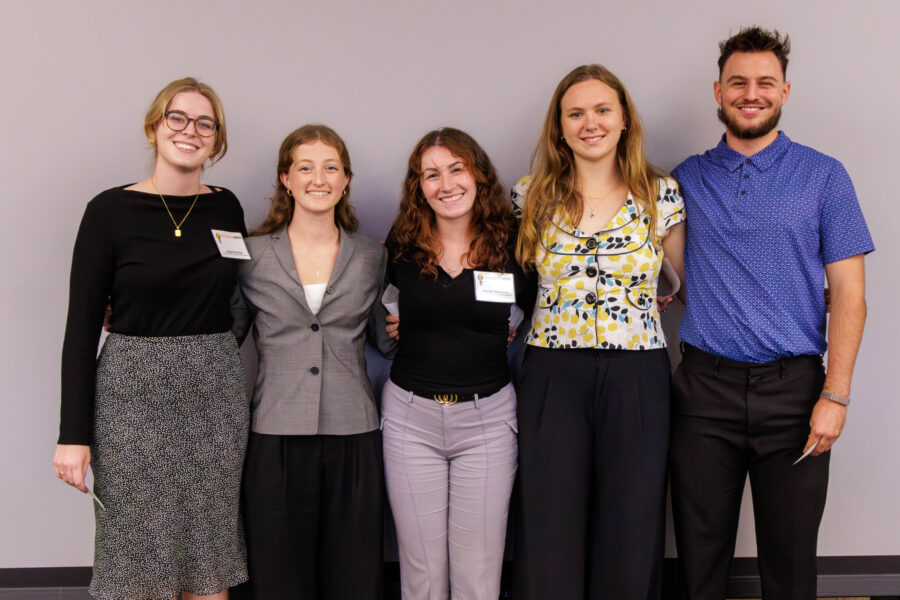 Oral presentation winners&comma; from left&colon; Abigail Keating&comma; University of Nebraska at Omaha&semi; Maddie Witchger&comma; Creighton University&semi; Kaleigh Williamson&comma; UNO&semi; Jenna Box&comma; University of Nebraska-Lincoln&semi; and Orion Ulmer from Doane University&period;