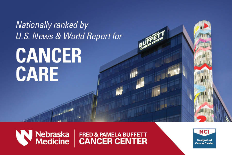 Graphic shows a night image of the Fred & Pamela Buffett Cancer Center with the words