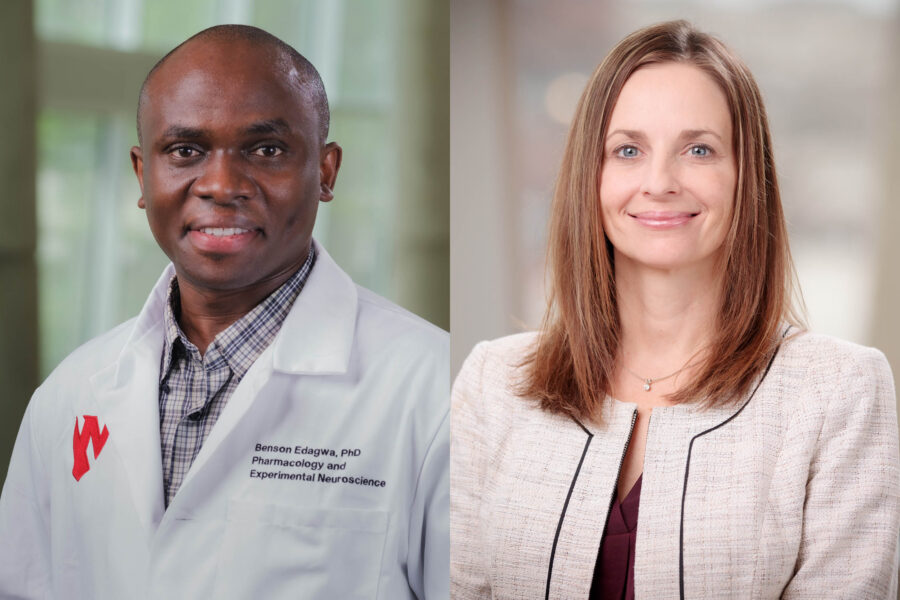 Benson Edagwa&comma; PhD&comma; left&comma; and Amy Duhachek-Stapelman&comma; MD