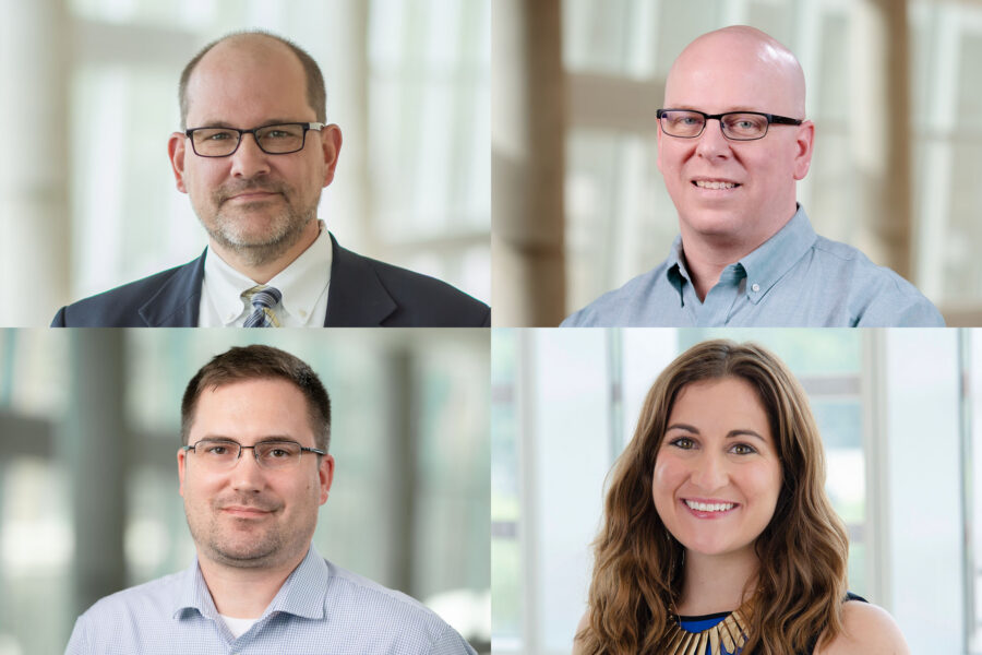 The UNMC Faculty Senate officers include&comma; clockwise from top left&comma; Paul Fey&comma; PhD&comma; Brian Maass&comma; Nicholas Woods&comma; PhD&comma; and Jordan Warchol&comma; MD&period;