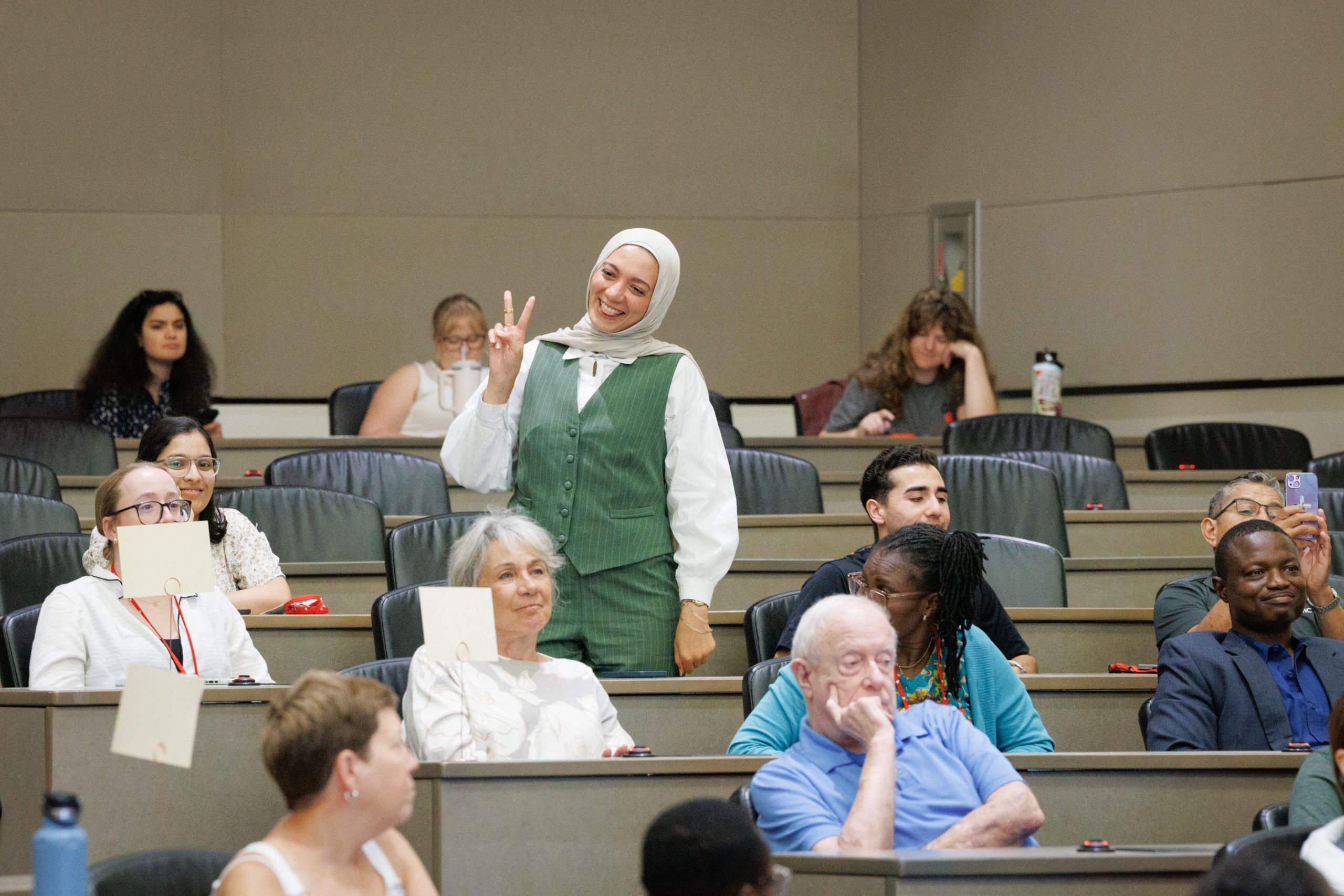 Mariem Hassan&comma; an international student from Egypt&comma; introduces herself at the August matriculation event&period;