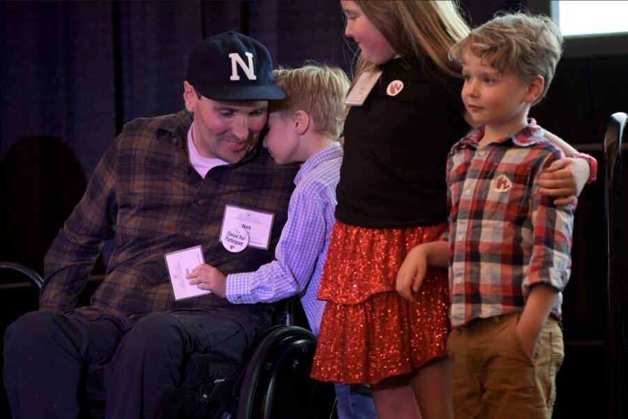Clinical trial participant Nick Howe&comma; and some family members&comma; took the stage at the event&period;