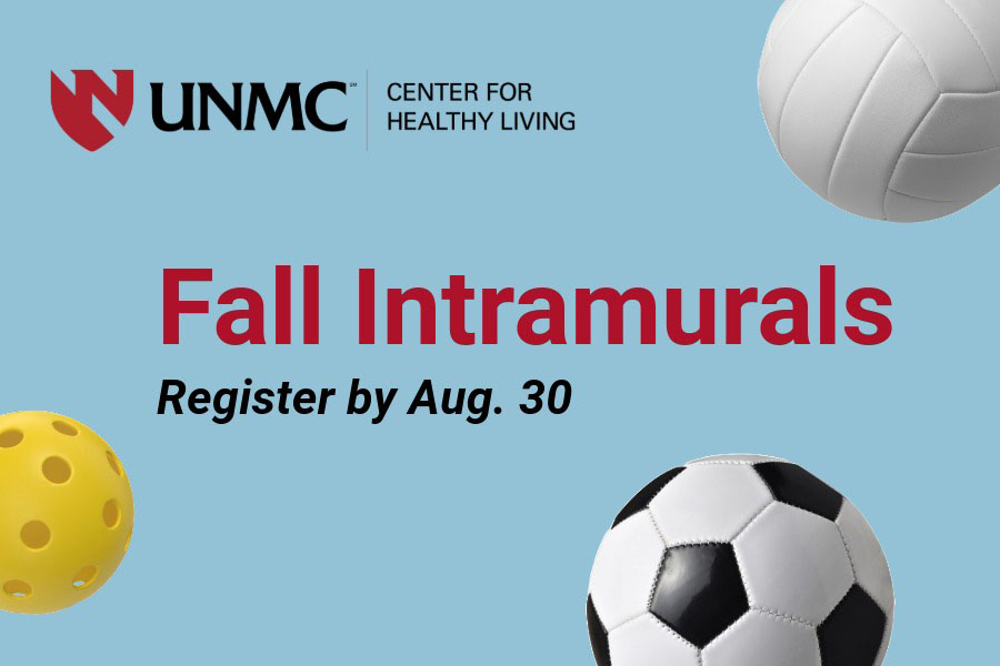 Intramurals graphic with a soccer ball, volleyball and pickleblall, saying to register by Aug. 30